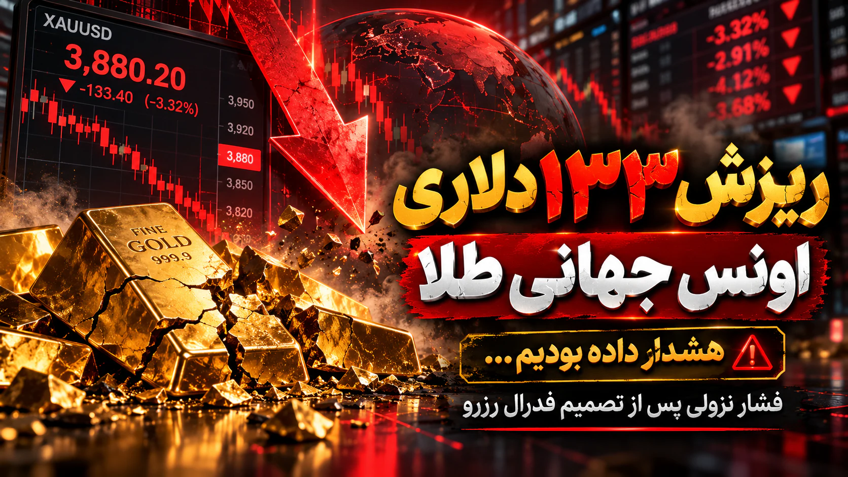 طوفان سرخ در بازار طلا؛ ریزش ۱۳۳ دلاری پس از هشدار چهارشنبهشب یاسر رضایی!